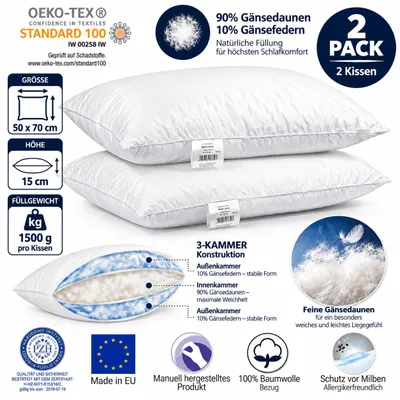 Produktbild von 2er Set Dreikammer Kopfkissen 50x70 cm 1000 g – 90% Gänsedaunen – 3-Kammer Daunenkissen mit Baumwollbezug