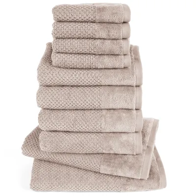 Produktbild von Pure Label 10-TLG Handtücher Set mit Aufhängeschlaufen aus Baumwolle - 2x Badetuch 70x140 cm 4x Handtuch 50x100 cm 4x Gästetuch 30x50 cm, Taupe
