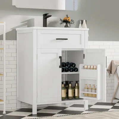 A white bathroom vanity with its doors open, showing storage for bottles and other items.