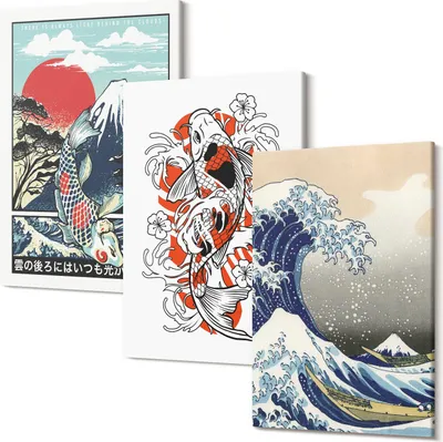 Produktbild von Wandbild – Leinwandbild – Leinwandbilder – Polycanvas – Kunstdruck – Modern – Panorama – Mehrteilig – 3-Teilig Set – Hochwertig – Lichtecht – Geruchslos – 20x30 Cm Je Element - Illustrationen von Fischbergen und der Großen Welle vor Kanagawa im japanischen Stil