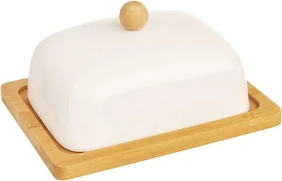 Immagine prodotto di Burriera con coperchio - contenitore ecologico per burro - porcellana bianca e legno di bambù - decorazione per la tavola e la cucina - 16x13x8,5 cm