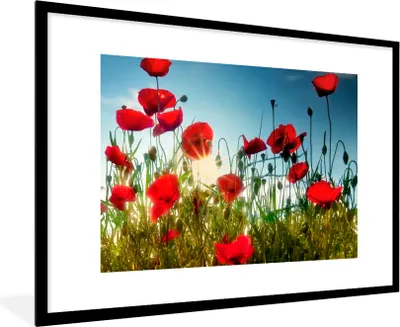 Produktbild von MuchoWow® Gerahmtes Poster Mohnblumen - Toskana - Sonne - Rot - Blau 90x60 cm - Poster mit Schwarzem Bilderrahmen Wandposter Rahmen Foto Bilder - Wanddekoration - Fotos