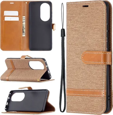 A collage of images showing a brown and tan flip-style phone case for a Huawei P50 Pro, with various angles and views.