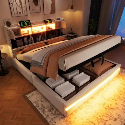 A modern bedroom with a bed featuring integrated storage and lighting.