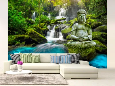 Produktbild von Vlies Fototapete Buddha 400x280 cm Tapeten Wandtapete XXL 3D Effekt optische Täuschung weiß Natur Landschaft Wasserfall Wald c-C-0019-a-b