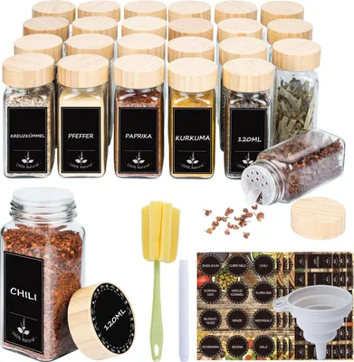 Produktbild von TWOLIIN Gewürzgläser 120ML Eckig Set Gewürzbehälter Spice Jars Gewürzstreuer Gewürzdosen Luftdichte Gewürze Aufbewahrung mit Etiketten, Streueinsatz, Reinigungsbürste (24er Holzdeckel)