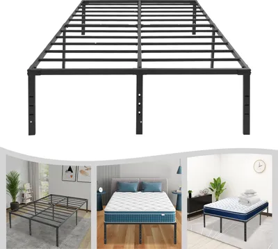 A collage showing a metal bed frame from different angles and in different settings.