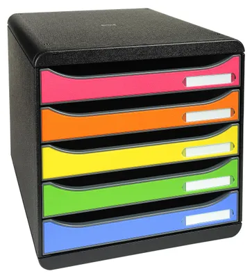 A multi-colored drawer unit.