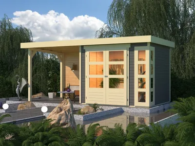 Produktbild von Karibu Gartenhaus Gerätehaus Kerko 3 im Set mit Anbaudach 2,40 m Breite und 19 mm und Rückwand terragrau 462x217x211 cm