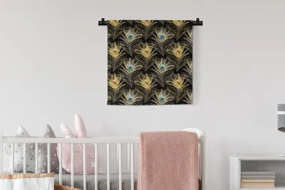 Produktbild von MuchoWow® Wandteppich Wandbehang Muster - Pfauenfedern - Gold 60x60 cm Tapisserie Dekoration Wandtuch - Dekorationen - Wand Decke