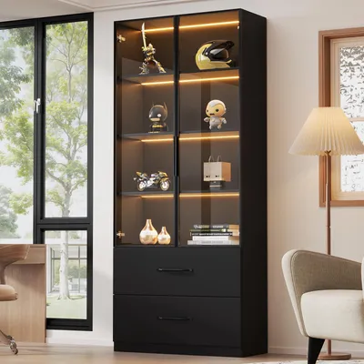 Produktbild von Merax Glasvitrine mit 2 Schubladen, mit Farbwechsel-LED, Hochschrank, Stehend Vitrinenschrank für Wohnzimmer Schlafzimmer, 60x40x160cm, Schwarz