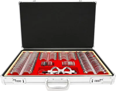 Image de Kit de lentilles de test optométrique, 266 lentilles, cadre métallique robuste, argent rouge