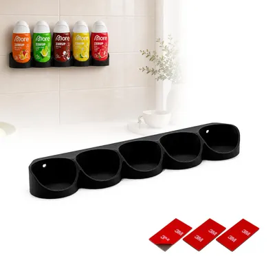 Produktbild von Printari Wandhalterung passend für More Zerup Flaschen, More Zerup Flaschenhalter für 5 Sirupflaschen, Wandregal und Sirup Organizer für Küche und Schrank, mit 3M Klebepads, auch für ESN, schwarz