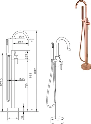 A technical drawing and a realistic image of a freestanding bathtub faucet.