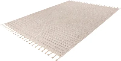 Produktbild von Lalee Luxor Japandi Stil Teppich 160x230 cm Beige, niedrigflorig, 3D-Effekt, dicke Fransen, Berber Design