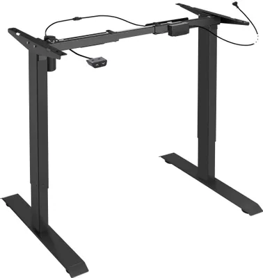 A black adjustable desk frame on a white background.