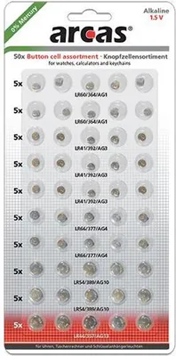Produktbild von Arcas AG Set (10xAG1, 15xAG3, 10xAG4, 10xAG10, 5xAG13), Alkalische Knopfzelle, 50 Stück