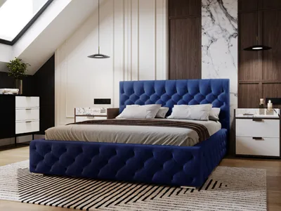 Obrázek produktu pro Postel GRAINGOLD Glamour Chesterfield 140x200 cm Velutto - Sametová postel s roštem a postelovým boxem - tmavě modrá (Magic velvet 2216)