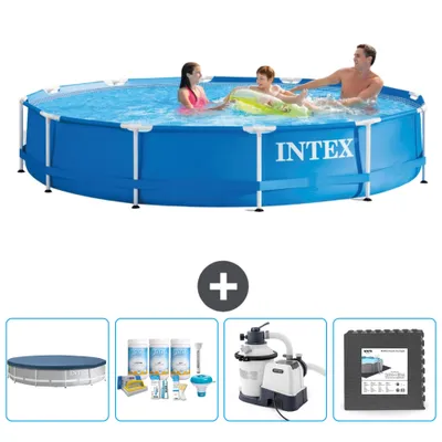 Produktbild von Intex-Schwimmbecken mit rundem Rahmen – 366 x 76 cm – Blau – im Lieferumfang enthalten Abdeckung - Wartungspaket - Filterpumpe für Schwimmbad - Bodenfliesen