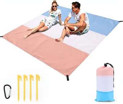Imagen del producto de Manta para la playa, sin arena, con 4 estacas, 1 mosquetón, ideal para la playa