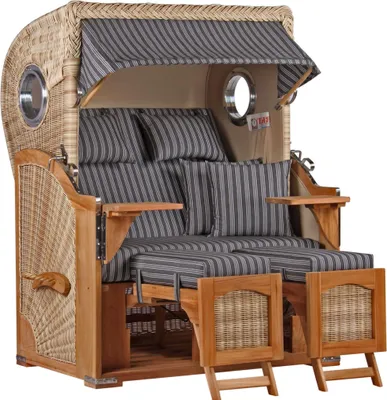 Produktbild von Strandkorb wetterfest Düne Teak Shell 2-Sitzer mit Bullaugen & PE-Geflecht Volllieger