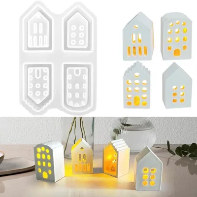 Produktbild von Gießform Haus Silikon 4er Set Mini Häuser für Teelicht Gips Epoxidharz Basteln
