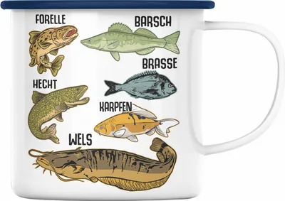 Produktbild von Trendation - Angler Fischer Emaille Tasse mit Fischarten Geschenk Raubfische Hobbyangler Hecht Forelle Barsch Angeln Emaille Emaille Tasse (Blau)