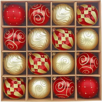 A box of assorted red and gold Christmas ornaments.