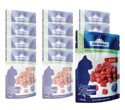 Produktbild von Dehner Premium Katzenfutter Adult, Sensitive, Rind im Beutel, 12 x 100 g (1.2 kg)