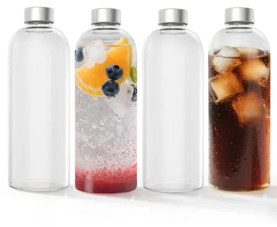 Immagine prodotto di Set di 4 bottiglie in vetro borosilicato con coperchio, capacità 1000 ml. Bottiglie in vetro per bevande, resistenti e con chiusura ermetica, ideali per acqua, succhi di frutta, ecc. Include una spazzola per la pulizia