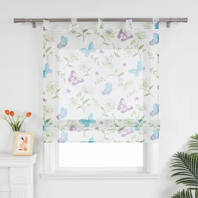 Produktbild von Joyswahl Raffrollo mit Schlaufen Küche Gardinen Wohnzimmer Raffgardinen mit lila-blauem Schmetterlingsmuster Halbtransparent Weiß BxH: 80x140 cm