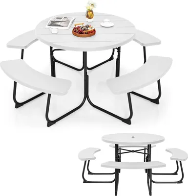 Produktbild von KOMFOTTEU Bierzeltgarnitur für 8 Personen, Rundes Picknicktisch Set mit Schirmloch & 4 Bänken, Gartenmöbel Set aus HDPE & Metall