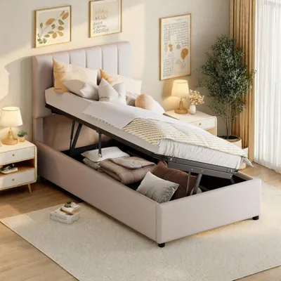 Immagine prodotto di Letto singolo 90x200 con box contenitore, letto a molle con spazio contenitore, sistema idraulico, letto per bambini con poggiatesta regolabile e rete a doghe, letto imbottito beige in lino, senza materasso