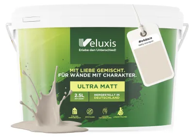 Produktbild von Wandfarbe Creme Hellgrau Beige Matt Innenfarbe – Deckkraft Klasse 1, VOC-frei, Ohne Grundierung, Tropfarm – Wohnzimmer & Schlafzimmer – 2,5L – Veluxis (Melty Marzipan)