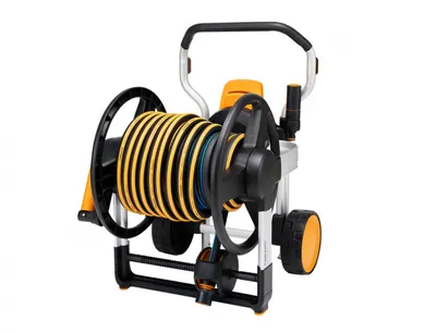 A hose reel cart on a white background.