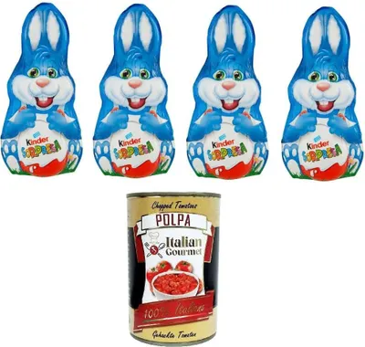 Produktbild von Kinder Sorpresa Figura cava Coniglio Lui Surprise Hohlfigur Rabbit Him 4x75 g+ Italian Gourmet polpa 400g