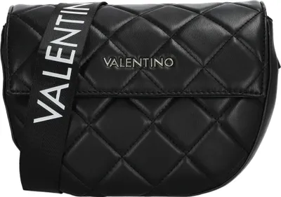 A black quilted handbag with a branded strap.