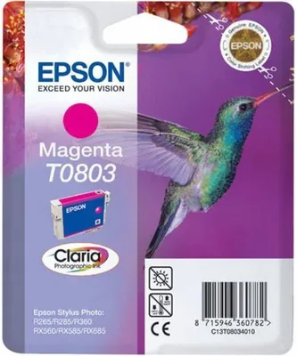 Produktbild von Epson Hummingbird Singlepack Magenta T0803 Claria Photographic Ink, Magenta, Tinte auf Pigmentbasis, 7,4 ml, 1 Stück(e)
