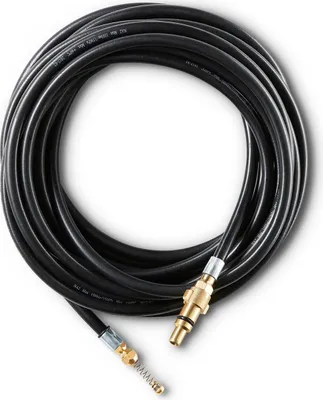 A coiled black hose with brass fittings on a white background.