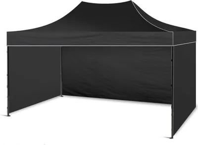 A black pop-up tent or gazebo shown from the front with open sides.