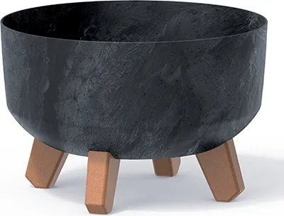 A dark gray planter with a textured finish sits on three light brown wooden legs.