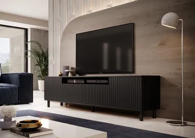 Produktbild von TV-Schrank 200 cm, Fernsehtisch, Lowboard, Schwarz, Schwarze Lamellenfronten, Schwarze Metallfüße Capri Premium