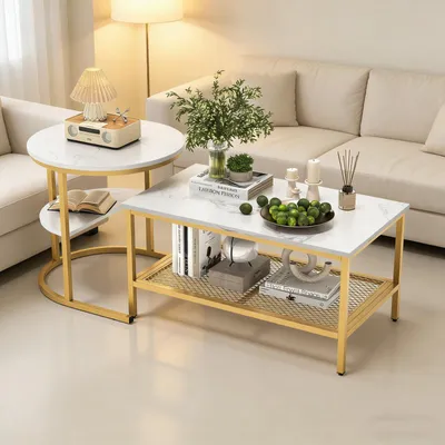 Produktbild von INONEFT 2er Set Couchtisch, Beistelltisch Marmor Optik mit Metallrahmen & Ablage, Wohnzimmertisch Sofatisch Kaffeetisch für Wohnzimmer (Weiß + Golden)