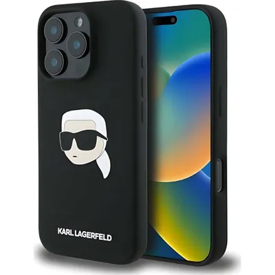 A black iPhone case with a Karl Lagerfeld graphic is shown next to an iPhone.