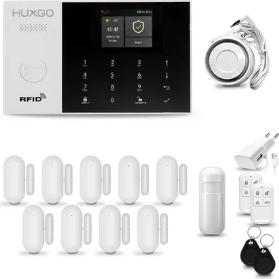 Immagine prodotto di HUXGO HXA005 Sistema di allarme per la casa, WiFi + GSM 4G con sirena. Include 9 sensori per porte e finestre. Sistema di allarme per appartamenti, case, garage, controllabile tramite l'app Tuya