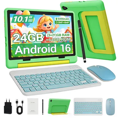 Produktbild von JENBIZZ Kinder Tablet 10 Zoll mit Android 16, 64 GB erweiterbar auf 1TB, 24GB RAM, 6000 mAh, Widevine L1, WiFi 6, mit Tastatur, Maus & Stift