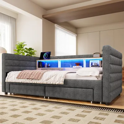 Produktbild von STILVORA Schlafsofa 90×190 mit LED-Beleuchtung&Ausziehbett,Tagesbett Daybett mit USB- und Typ-C-Anschlüssen,Jugendbett mit Schublade&Ablagefach,Ohne Matratze,Grau