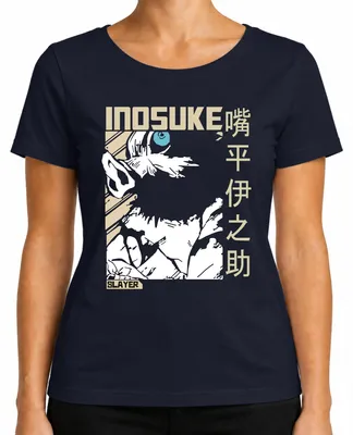 Productafbeelding van Inosuke Demon Slayer Wildsvarkenmasker, anime-thema, cadeau voor fans, Japanse streetwear, dames T-shirt, marineblauw, maat XL