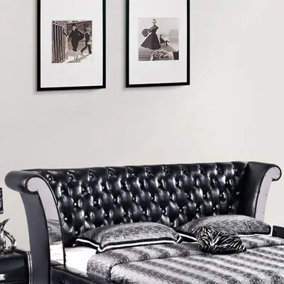Produktbild von Edelstahl Luxus Chesterfield Leder Bett Doppel Polster Designer Betten Hotel