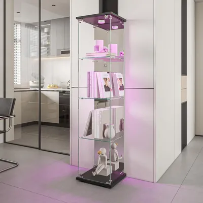 Obrázok produktu pre Sklenená vitrína s LED osvetlením, 4 poličkami, 1 dvierkami, čierna farba